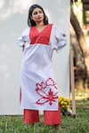 Buy_PRACHI KAMAT_Red Cotton Linen Printed Portuguese Folk Pin Tuck Yoke Kurta With Solid Pant _at_Aza_Fashions