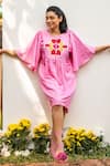 Buy_PRACHI KAMAT_Pink Cotton Linen Embroidered Geometric Round Short Dress _Online_at_Aza_Fashions