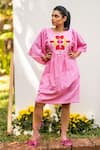 Buy_PRACHI KAMAT_Pink Cotton Linen Embroidered Geometric Round Short Dress _at_Aza_Fashions