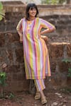 Buy_PRACHI KAMAT_Multi Color Chanderi Printed Portuguese Folk Stripe Kurta And Jacket Set With 