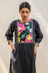 PRACHI KAMAT_Black Chanderi Printed Portuguese Round Straight Kurta Pant Set _at_Aza_Fashions