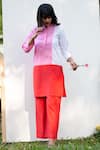 PRACHI KAMAT_Pink Cotton Linen Solid Stand Collar Color Block Straight Kurta With Pant _Online_at_Aza_Fashions