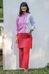 Buy_PRACHI KAMAT_Pink Cotton Linen Solid Stand Collar Color Block Straight Kurta With Pant _at_Aza_Fashions