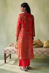 Shop_Saundh_Red Kurta Raw Silk Print Floral Mandala Notched Neck Bano Pant Set_at_Aza_Fashions