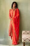 Saundh_Red Kurta Raw Silk Print Floral Mandala Notched Neck Bano Pant Set_Online_at_Aza_Fashions