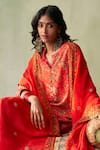 Saundh_Red Kurta Raw Silk Print Floral Mandala Notched Neck Bano Pant Set_at_Aza_Fashions
