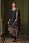 Buy_Saundh_Black Kurta Raw Silk Printed Dupatta Floral V Neck Shehnaaz Pant Set_at_Aza_Fashions