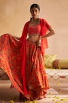 Buy_Saundh_Red Blouse And Lehenga Natural Crepe Print Floral Mandala Scoop Sehra Cape Set_at_Aza_Fashions