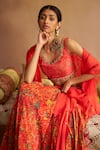 Shop_Saundh_Red Blouse And Lehenga Natural Crepe Print Floral Mandala Scoop Sehra Cape Set_Online_at_Aza_Fashions