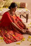 Saundh_Red Blouse And Lehenga Natural Crepe Print Floral Mandala Scoop Sehra Cape Set_at_Aza_Fashions