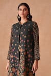 Saundh_Black Jacket Raw Silk Print Floral Butti Band Collar  _Online_at_Aza_Fashions