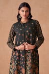 Shop_Saundh_Black Jacket Raw Silk Print Floral Butti Band Collar  _Online_at_Aza_Fashions