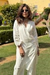 Leela By A_White Moss Crepe Embroidery Zari Thread V Neck Sleeve Draped Kurta And Pant Set _Online