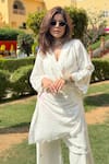 Buy_Leela By A_White Moss Crepe Embroidery Zari Thread V Neck Sleeve Draped Kurta And Pant Set _Online