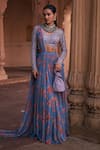 Buy_DiyaRajvvir_Blue Crepe Printed Floral V Neck Pattern Pre-draped Skirt Saree With Blouse _at_Aza_Fashions