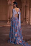 Shop_DiyaRajvvir_Blue Crepe Printed Floral V Neck Pattern Pre-draped Skirt Saree With Blouse _at_Aza_Fashions