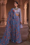 DiyaRajvvir_Blue Crepe Printed Floral V Neck Pattern Pre-draped Skirt Saree With Blouse _Online_at_Aza_Fashions