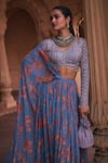 Buy_DiyaRajvvir_Blue Crepe Printed Floral V Neck Pattern Pre-draped Skirt Saree With Blouse _Online_at_Aza_Fashions