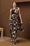 Buy_Papa Don't Preach Pret_Black Crepe Print Floral Round Neck Cloud Burst Pre-stitched Saree With Blouse _at_Aza_Fashions