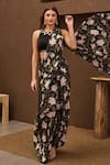 Papa Don't Preach Pret_Black Crepe Print Floral Round Neck Cloud Burst Pre-stitched Saree With Blouse _Online_at_Aza_Fashions