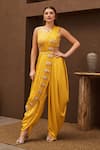 Buy_Papa Don't Preach Pret_Yellow Satin Placement Embroidery Sunflower Sangria Pre-stitched Dhoti Saree Set _at_Aza_Fashions