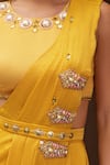 Papa Don't Preach Pret_Yellow Satin Placement Embroidery Sunflower Sangria Pre-stitched Dhoti Saree Set _Online_at_Aza_Fashions