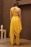 Shop_Papa Don't Preach Pret_Yellow Satin Placement Embroidery Sunflower Sangria Pre-stitched Dhoti Saree Set _at_Aza_Fashions