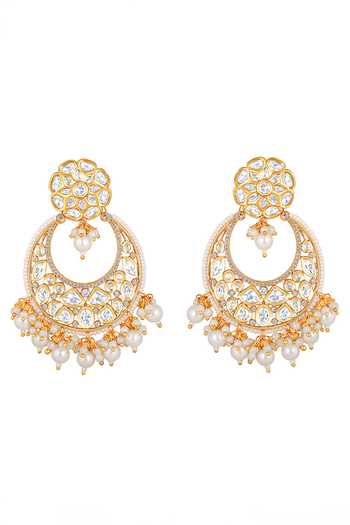 Shop_HRISHA_Gold Plated Metallic Thread, Pearls Embellished Chandbali Earrings _at_Aza_Fashions