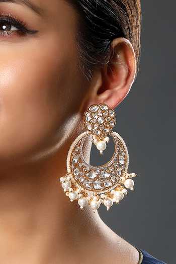 Buy_HRISHA_Gold Plated Metallic Thread, Pearls Embellished Chandbali Earrings _Online_at_Aza_Fashions