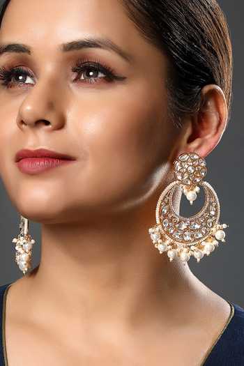Shop_HRISHA_Gold Plated Metallic Thread, Pearls Embellished Chandbali Earrings _Online_at_Aza_Fashions