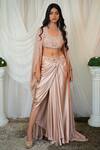 Buy_SHASHANK ARYA_Beige Japanese Satin Embellished Sequin Blouse Round Draped Dhoti Skirt Set_at_Aza_Fashions