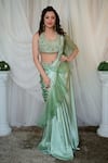 SHASHANK ARYA_Green Japanese Satin Embroidered Pre-draped Ruffle Saree With Embellished Blouse_Online_at_Aza_Fashions