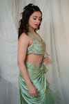 Buy_SHASHANK ARYA_Green Japanese Satin Embroidered Pre-draped Ruffle Saree With Embellished Blouse_Online_at_Aza_Fashions