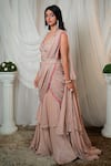 Buy_SHASHANK ARYA_Beige Georgette Embellished Sequin Plunge V Layered Pre-draped Saree With Blouse _at_Aza_Fashions