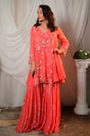 Buy_SHASHANK ARYA_Coral Georgette Embroidered Sequin V Neck Kurta Set _Online_at_Aza_Fashions