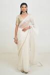 Buy_Rishi and Vibhuti_Ivory Organza Embroidery Thread V Neck Sira Stripe Saree With Blouse _at_Aza_Fashions