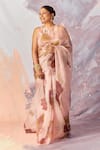 Buy_Nirmooha_Peach Organza Printed Floral Halter Neck Saree With Blouse _at_Aza_Fashions