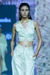 Buy_Nirmooha_Green Shimmer Georgette Solid V Neck Crop Vest _at_Aza_Fashions