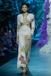 Buy_Nirmooha_Peach Lurex Chiffon Print Blossom Glass Plunged Chain Neckline Gown _at_Aza_Fashions