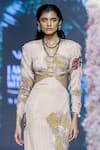Nirmooha_Peach Lurex Chiffon Print Blossom Glass Plunged Chain Neckline Gown _Online_at_Aza_Fashions