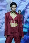 Nirmooha_Maroon Chantilly Embellished Lapel Collar Neck Blazer Jacket_Online_at_Aza_Fashions