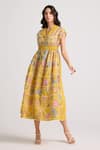 Buy_Chandrima_Yellow Silk Organza Lining Vintage Fleur Window Midi Shirt Dress _at_Aza_Fashions