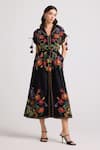 Buy_Chandrima_Black Chanderi Lining 100% Cotton Applique Midnight Bloom Midi Shirt Dress _at_Aza_Fashions