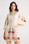 Chandrima_Ivory Chanderi Applique Embroidered Floral Neck Dress _Online_at_Aza_Fashions