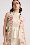 Buy_Chandrima_Ivory Chanderi Plain High Neck Smocked Bodice Peplum Top _Online_at_Aza_Fashions