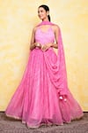 Buy_Khwaab by Sanjana Lakhani_Pink Georgette Printed Leheriya V Neck Aurora Blouse Lehenga Set_at_Aza_Fashions