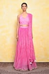 Buy_Khwaab by Sanjana Lakhani_Pink Georgette Printed Leheriya V Neck Aurora Blouse Lehenga Set_Online_at_Aza_Fashions