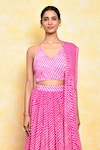 Shop_Khwaab by Sanjana Lakhani_Pink Georgette Printed Leheriya V Neck Aurora Blouse Lehenga Set_Online_at_Aza_Fashions
