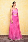 Khwaab by Sanjana Lakhani_Pink Georgette Printed Leheriya V Neck Aurora Blouse Lehenga Set_at_Aza_Fashions