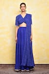 Buy_Khwaab by Sanjana Lakhani_Blue Georgette Printed Leheriya V Neck Quartz Blouse Lehenga Set_Online_at_Aza_Fashions